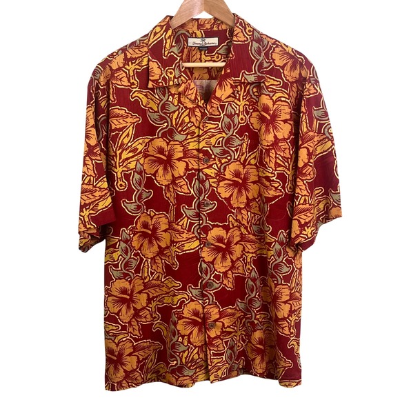 Tommy Bahama SILK Orange Yellow Button Shirt Men's Hawaiian Tropical Large - Picture 2 of 5